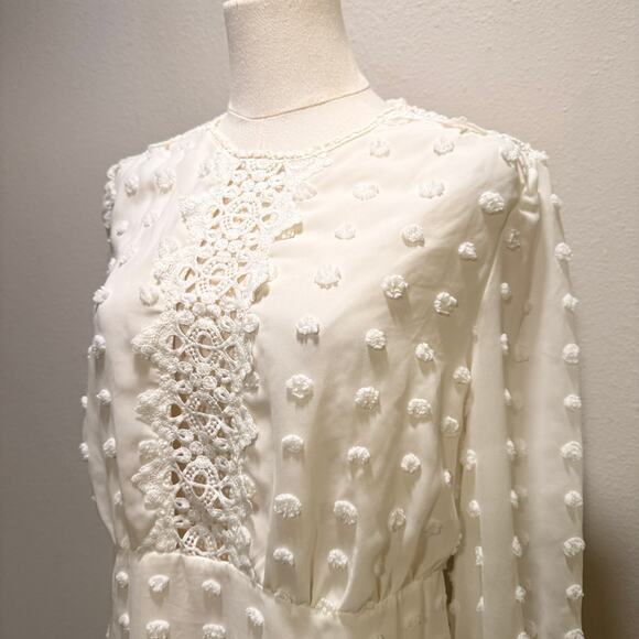 Love X Design Rina Long Sleeve Dotted Chiffon Cream Lace Dress Large Boho Chic - Picture 5 of 11